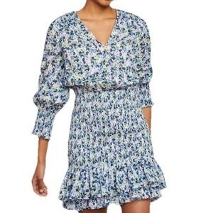 Veronica Beard Darrah Smocked Floral Dress Cobalt Blue Cotton Midi Womens Size 4